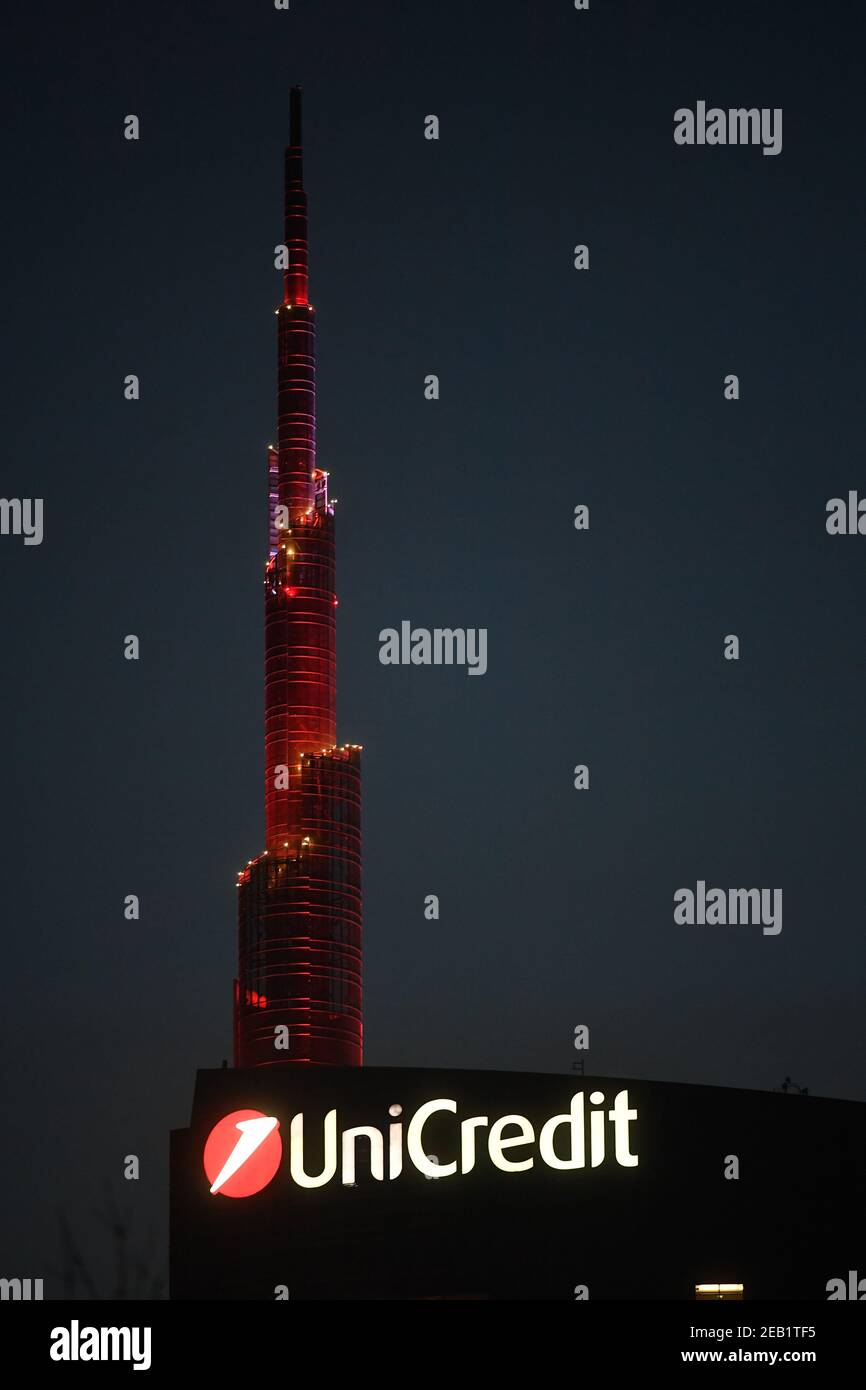 Milan, Italy. 11th Feb, 2021. The top of the UniCredit Tower is illuminated red light to celebrate the Chinese New Year in Milan, on 11, 2021. Credit: Str/Xinhua/Alamy