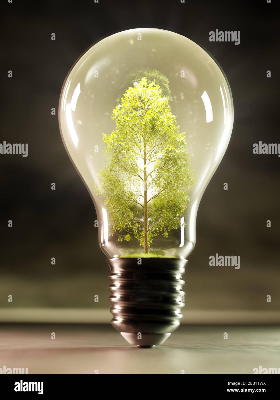 3D rendering of glowing green decidous tree growing inside lightbulb against dark background Stock Photo
