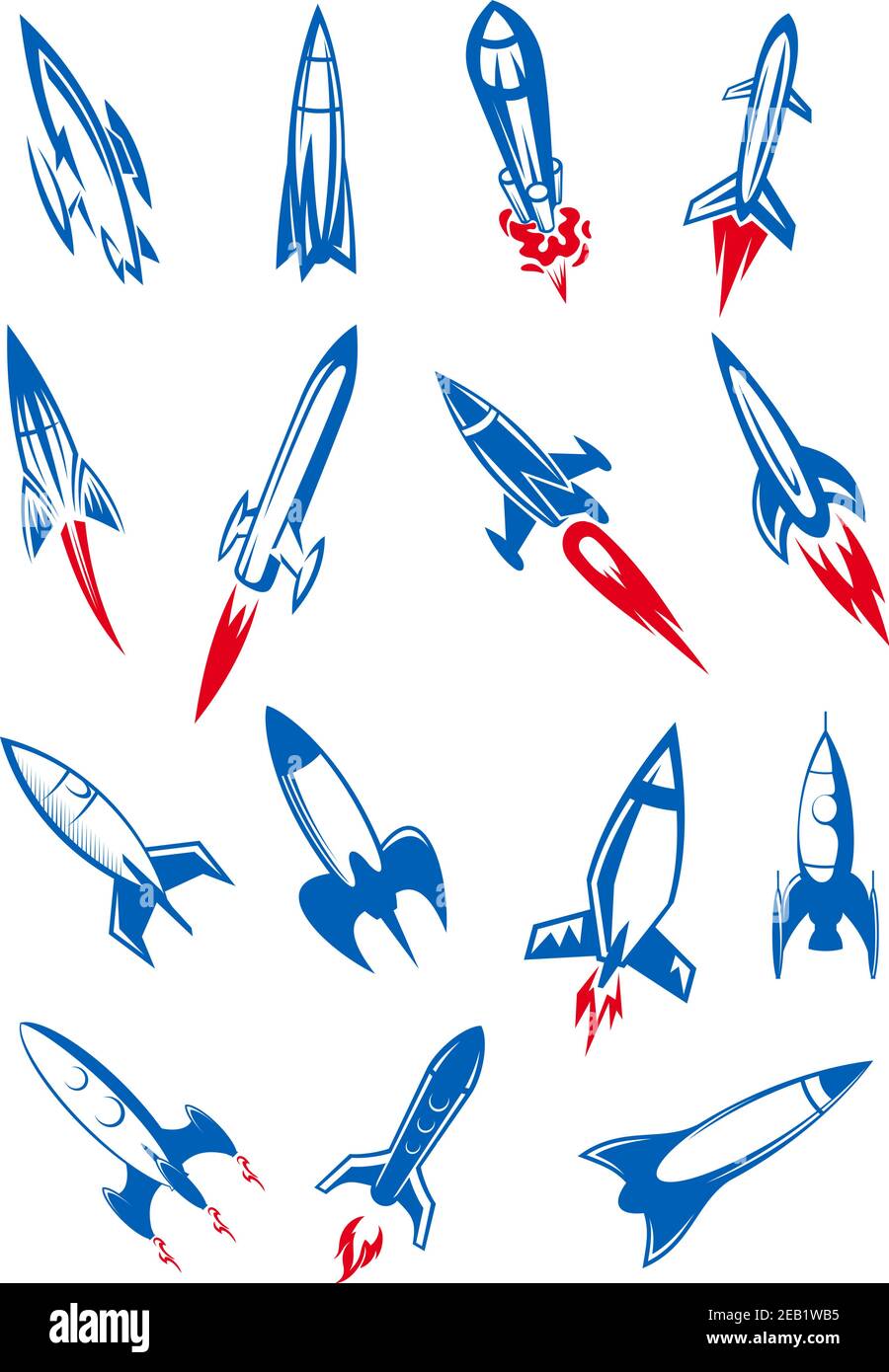 Blue flying space rockets or spaceships and missiles with red flaming tracks in retro cartoon style for logo or emblem design Stock Vector