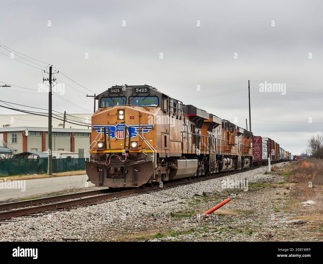 Union Pacific railroad #5425, a GE AC45CCTE diesel locomotive, pulling a freight train in Montgomery Alabama, USA. Stock Photo