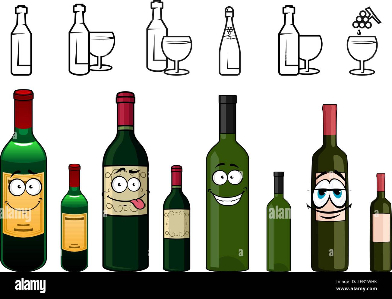 Happy cartoon wine bottles characters with colorful protective foils in the  tops and various labels on white background including bottle and glass sil  Stock Vector Image & Art - Alamy