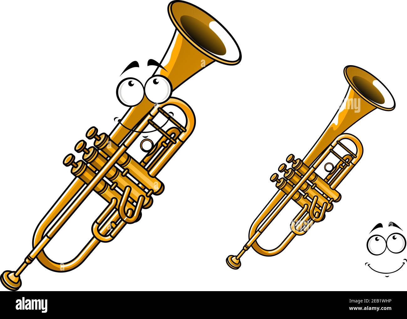 Shy smiling brass trumpet cartoon character showing polished shining wind musical instrument with funny face suitable for classical orchestra concert Stock Vector