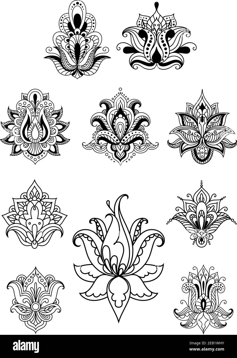 Persian or indian paisley flowers set decorated with traditional outline  elements with curls, swirls and drops Stock Vector Image \u0026 Art - Alamy, image size:919x1390