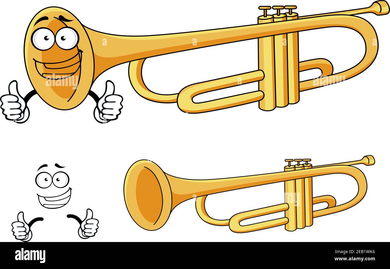 Happy smiling brass trumpet cartoon character depicting a rounded wind  musical instrument with three piston valves for classical orchestra or  music de Stock Vector Image & Art - Alamy