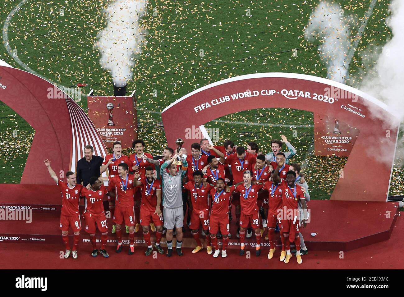 Ar Rayyan, Qatar. 11th Feb, 2021. Bayern Munich players celebrate with