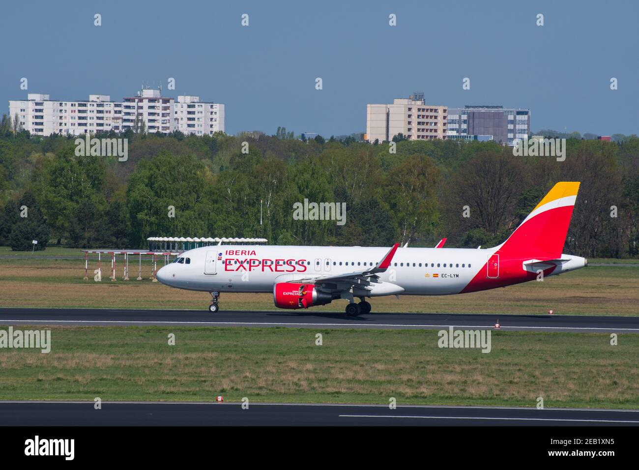 Berlin Germany - April 21. 2018: Iberia Express Airbus A320 plane landing at Berlin Tegel Airport Stock Photo
