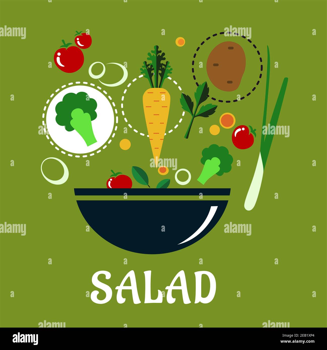 Cooking salad concept in flat style showing a deep bowl with fresh whole and sliced vegetables including potato, cherry tomatoes, green onion, broccol Stock Vector