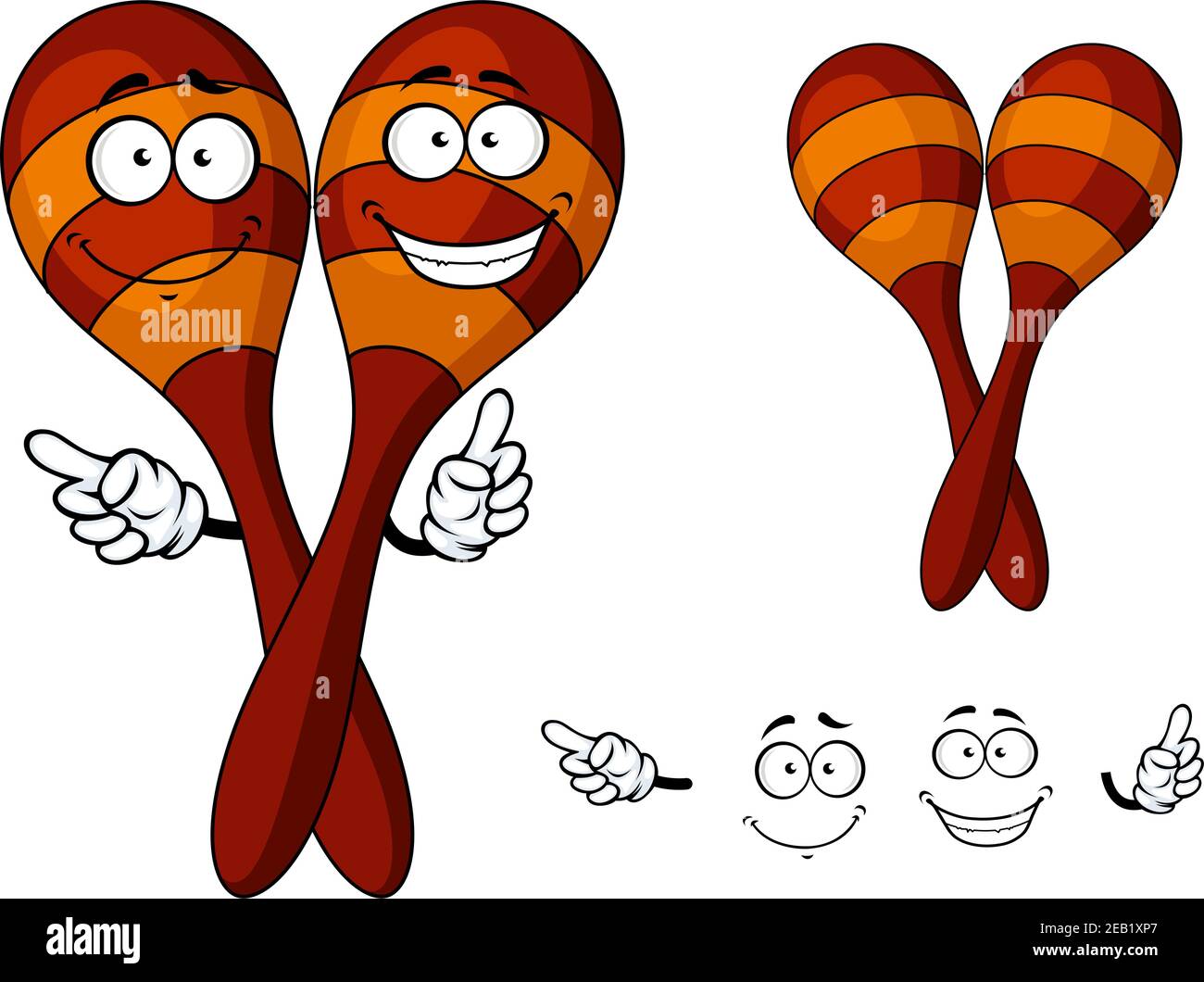 Crossed mexican wooden maracas or rumba shaker cartoon characters