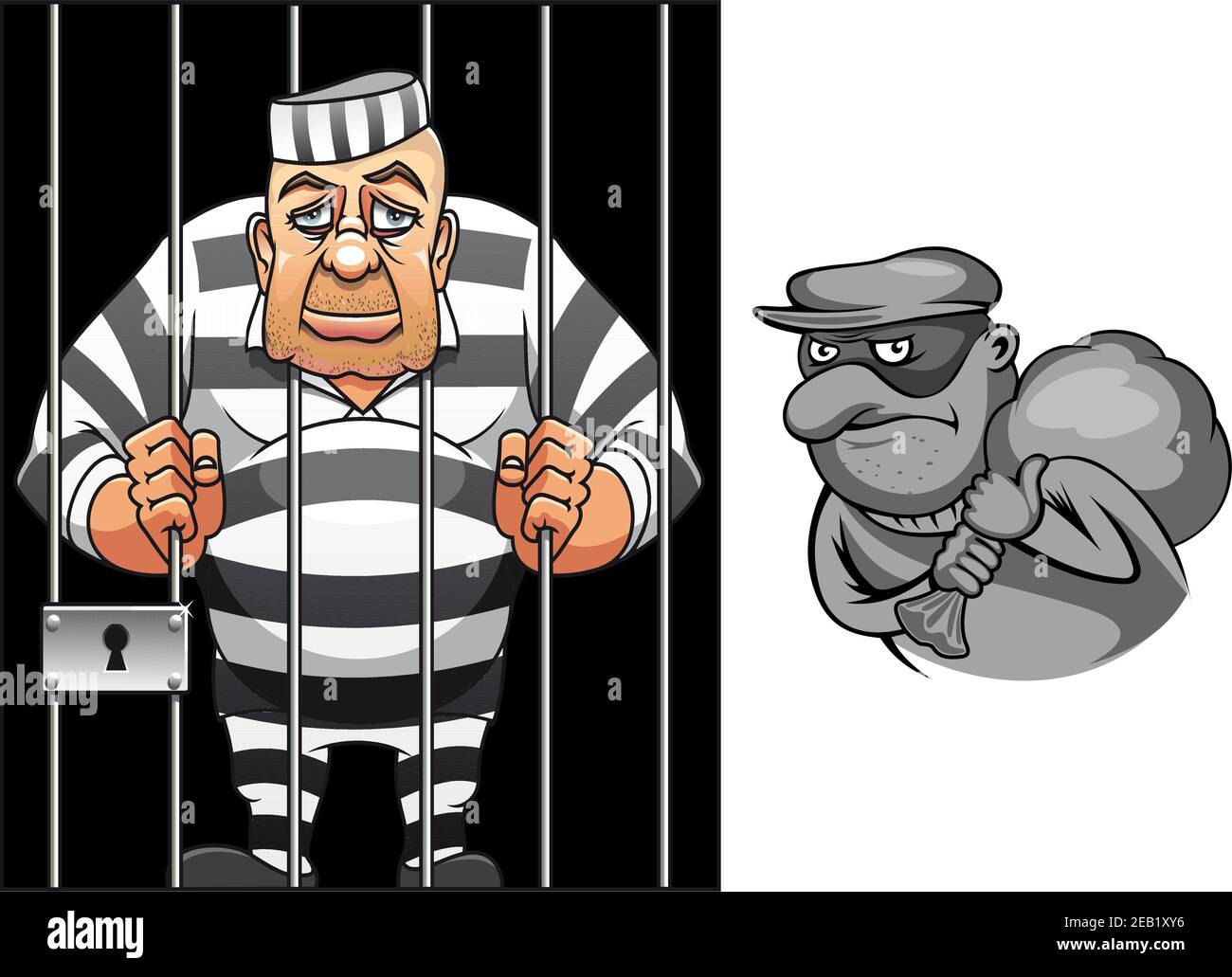 Cartoon prisoner in jail behind the bars in striped uniform and robber in mask with sack for crime or punishment concept design Stock Vector