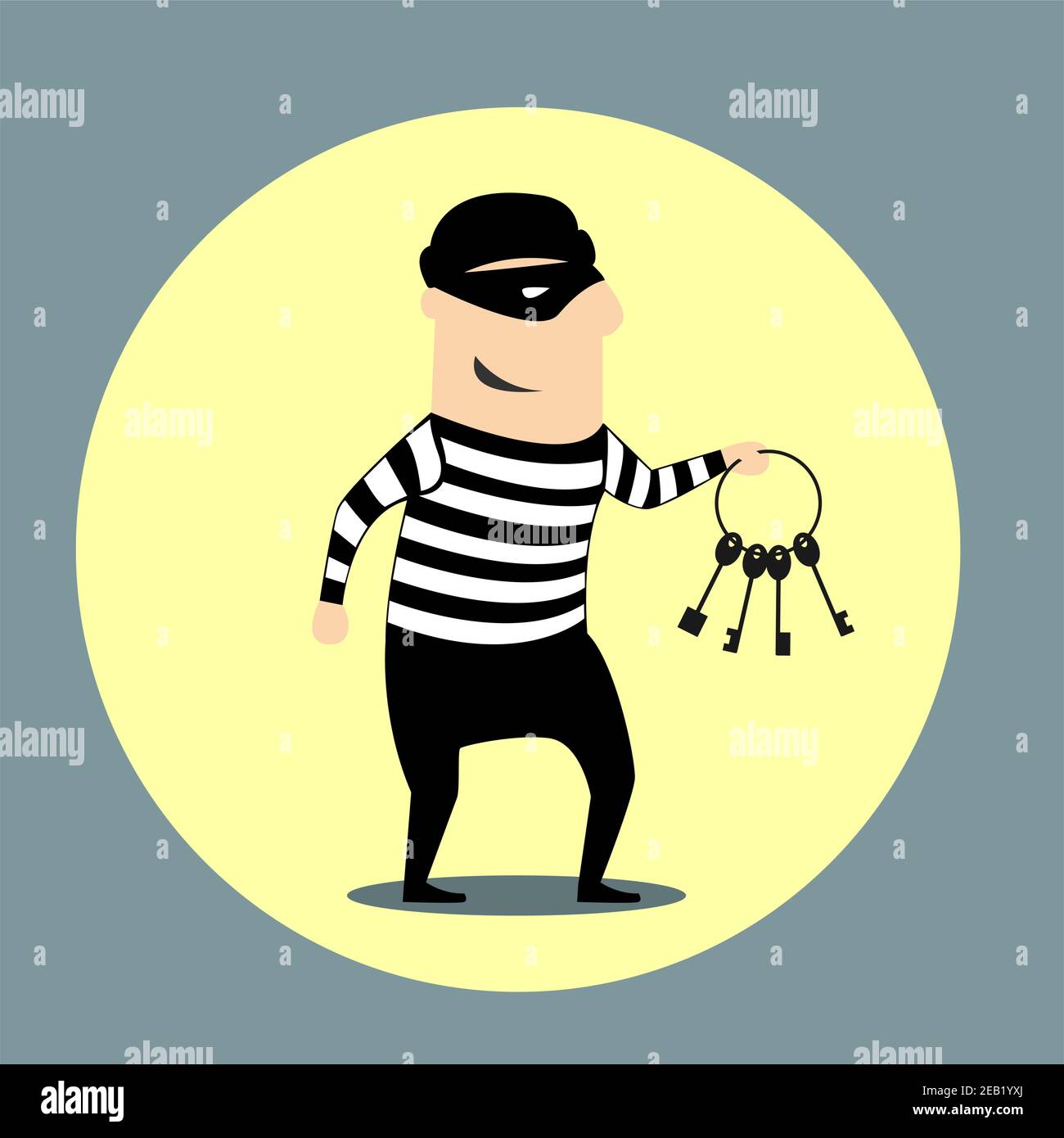 Burglar Dressed In A Mask And Striped Clothes Carrying A Bunch Of Keys Inside A Yellow Circular