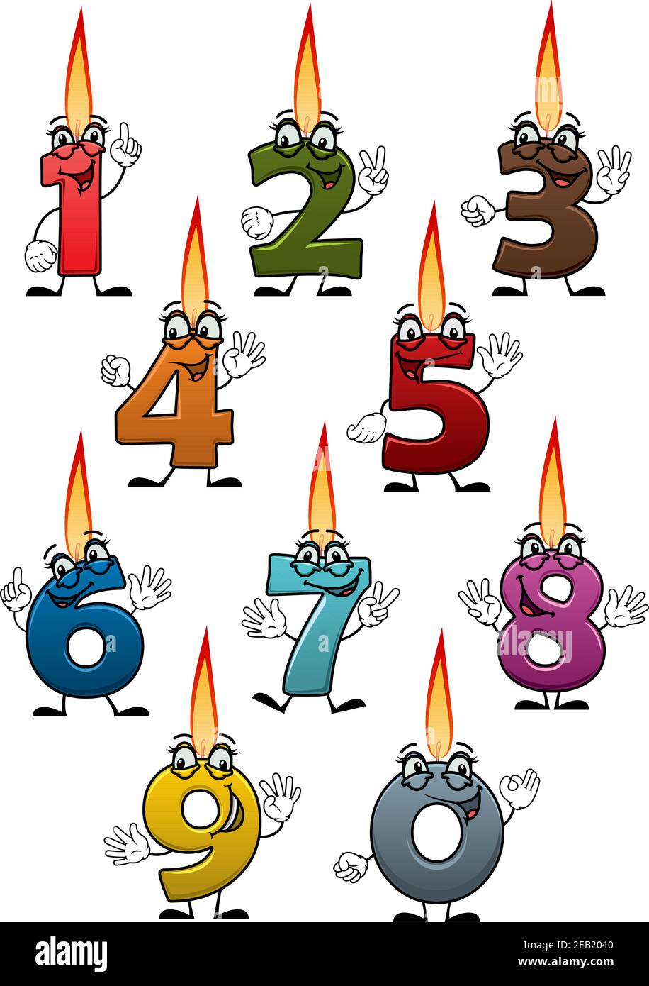 Colorful cartoon number shaped birthday candles characters with cheerful smiles and bright flames isolated on white background for greeting card or pa Stock Vector