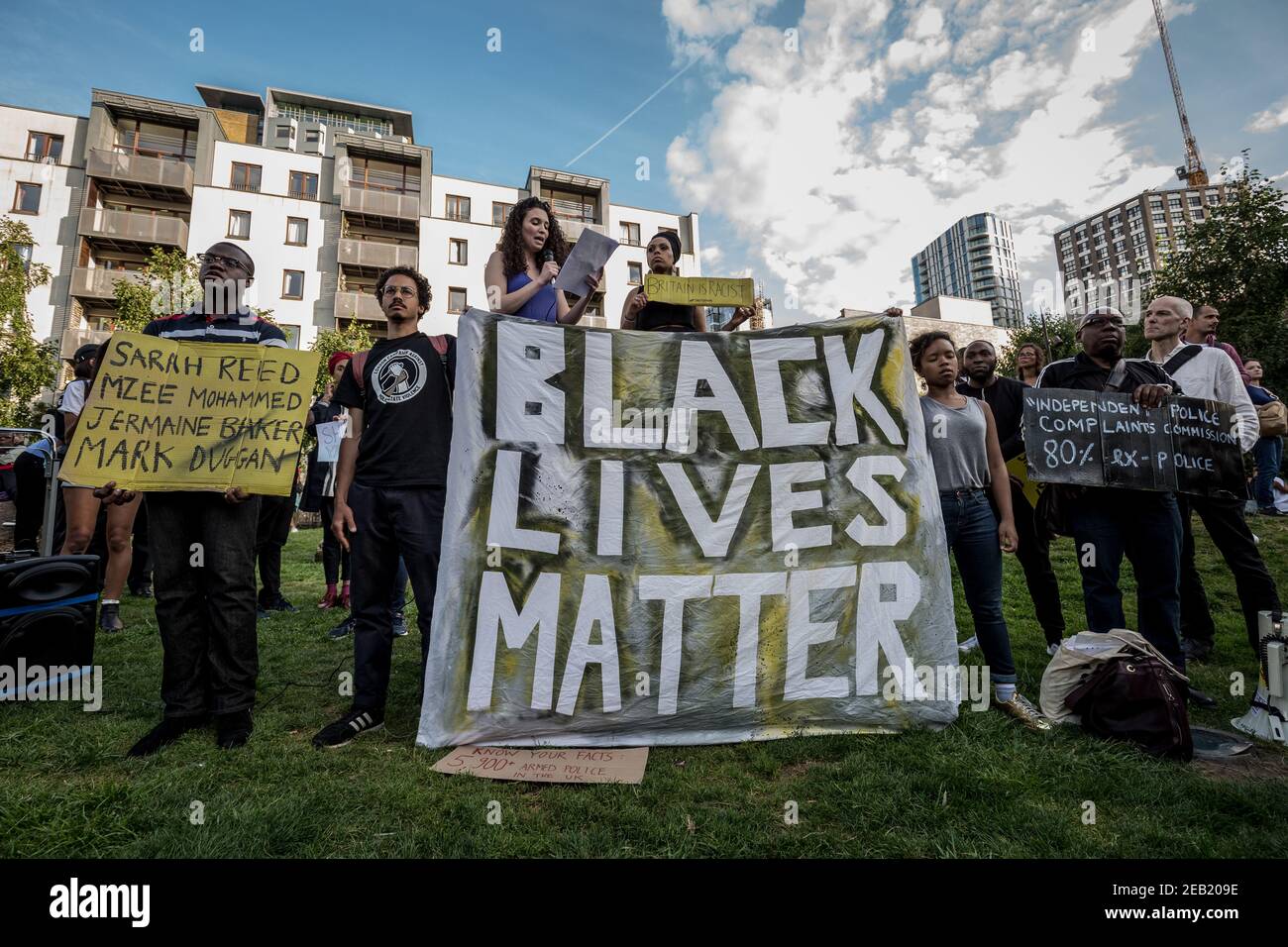 Black Lives Matter Shutdown protest and rally in Altab Ali park, east London on a nationwide day of action across the country, UK. Stock Photo