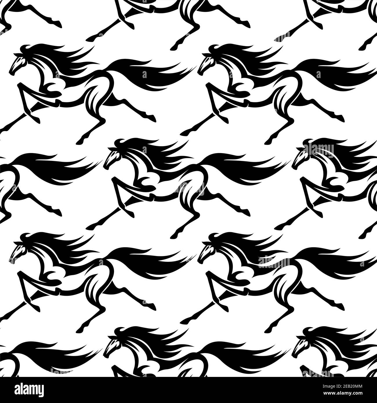 Galloping wild horses seamless pattern background in black and white colors with outlines of running horses for fabric or flyleaf design Stock Vector