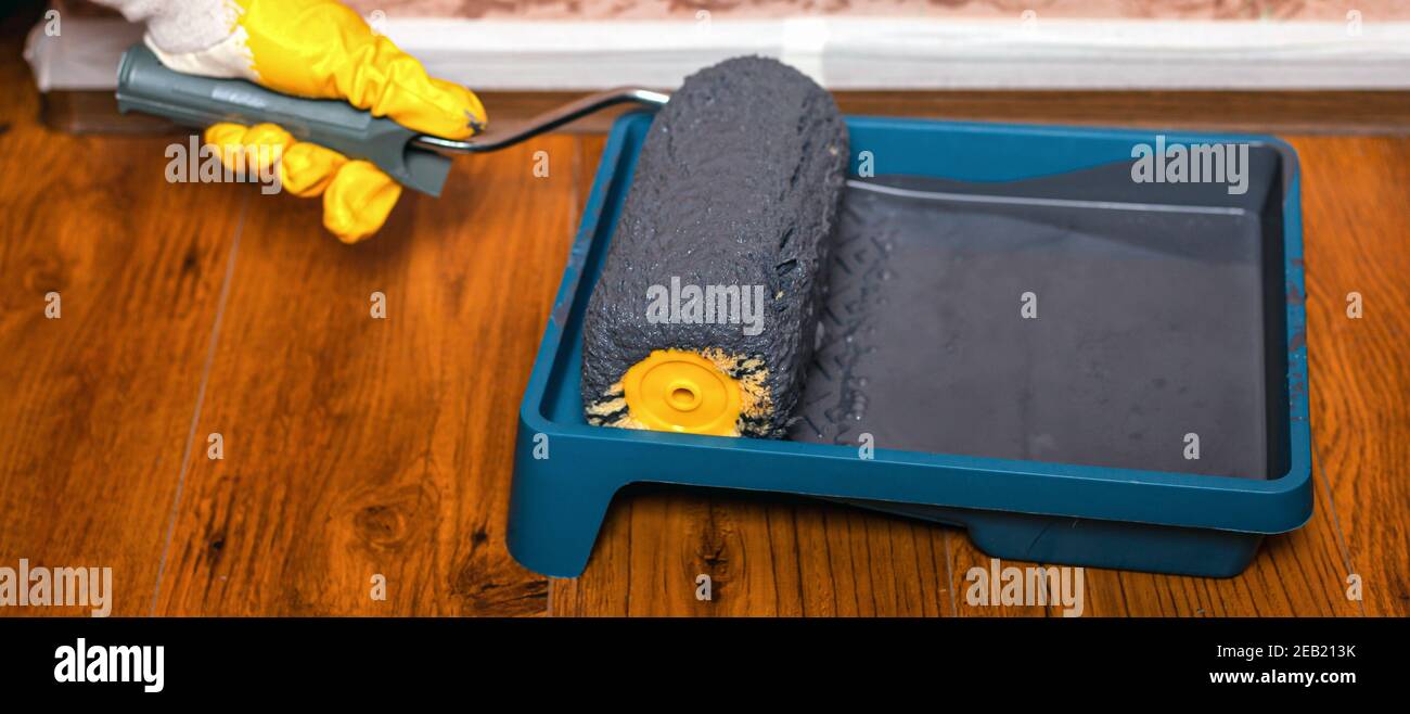 paint roller in tray. repair concept Stock Photo Alamy