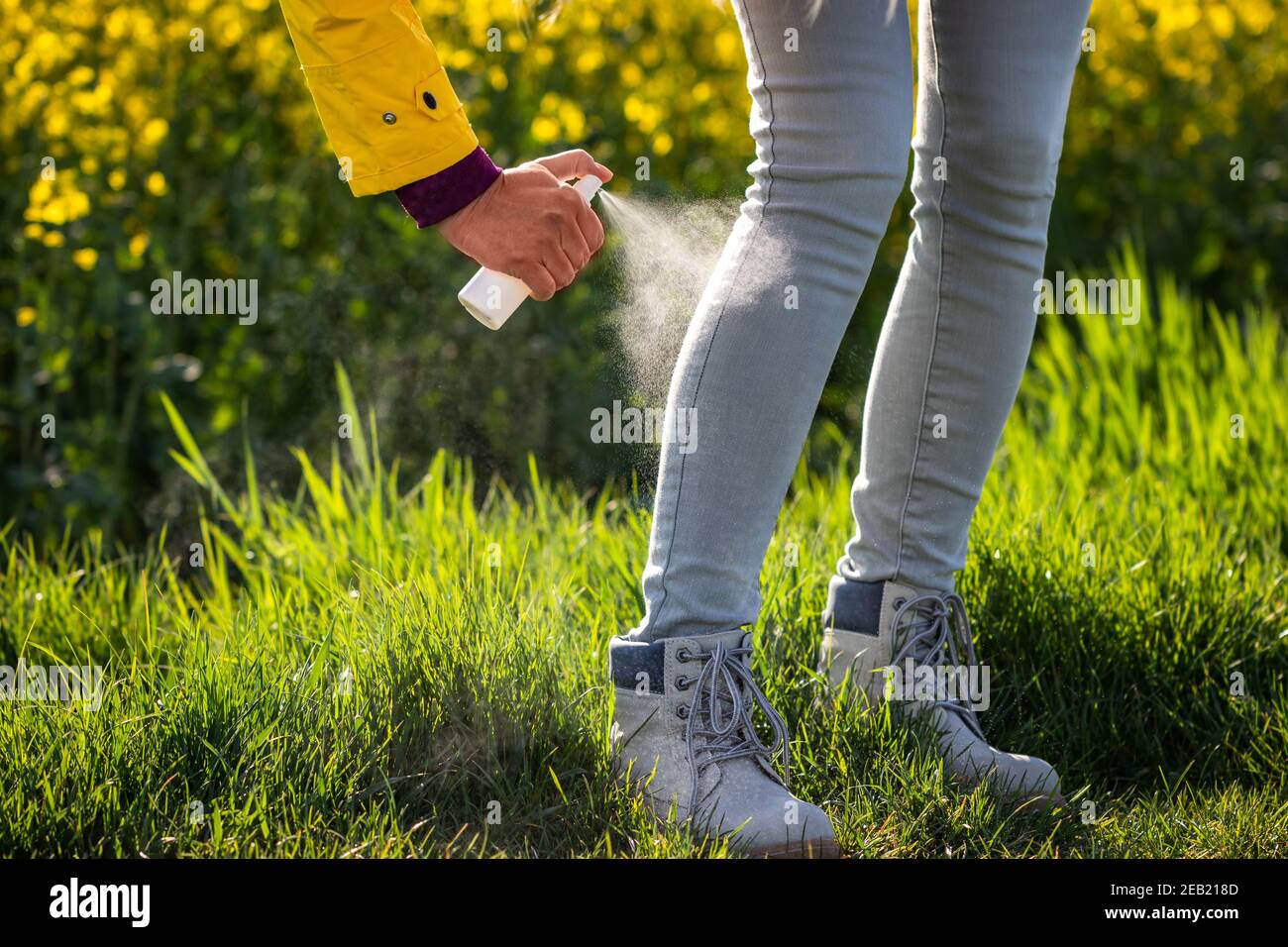 Tourist spraying insect repellent on legs and hiking boots. Protection