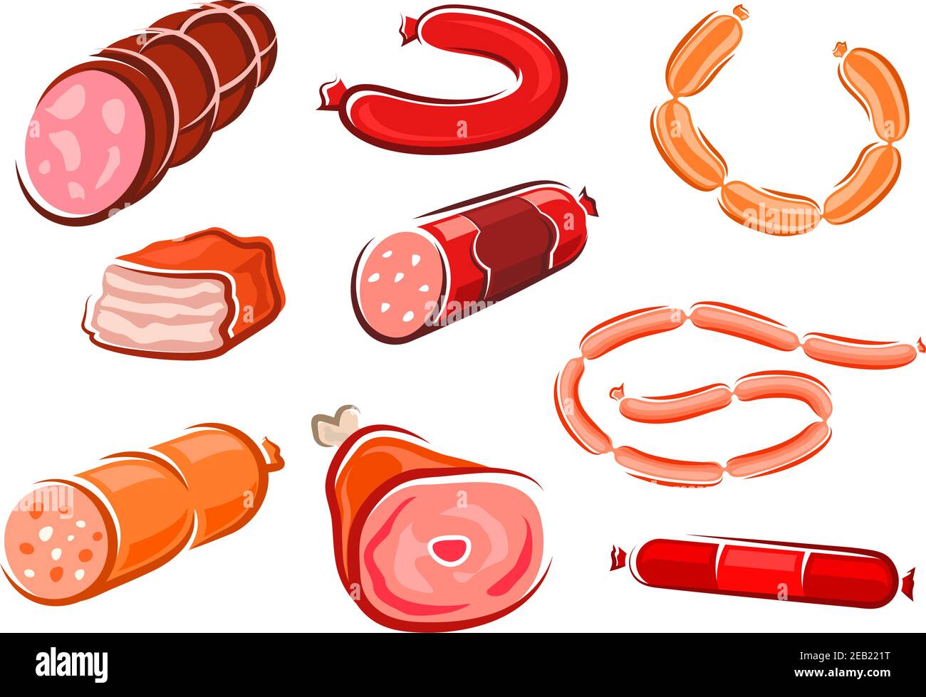 Cartoon processed meats and sausages with ham, pork, meatloaf, salami ...