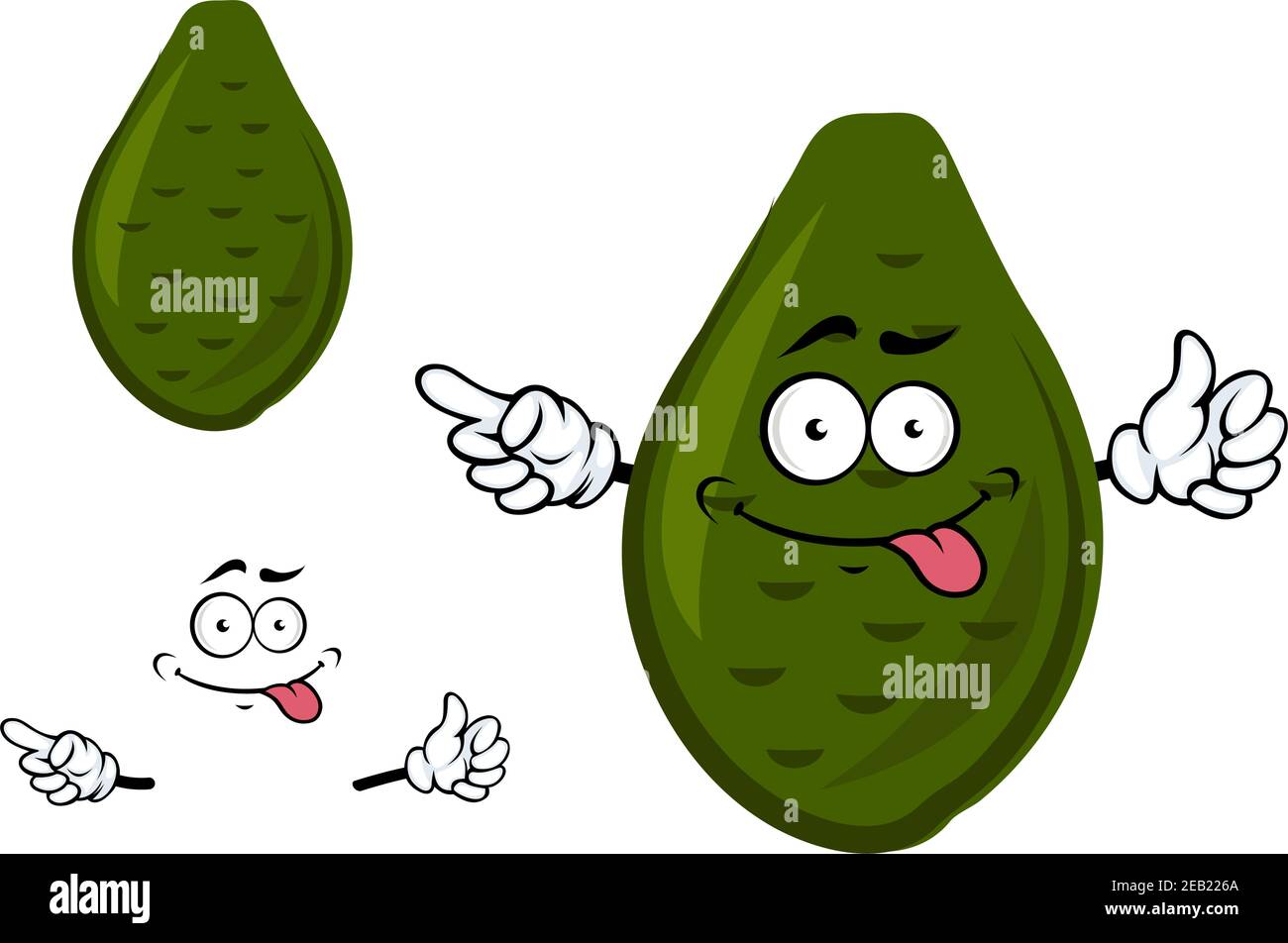 Teasing ripe avocado fruit cartoon character with rough knobbly dark green peel and funny face isolated on white background for childish menu or masco Stock Vector