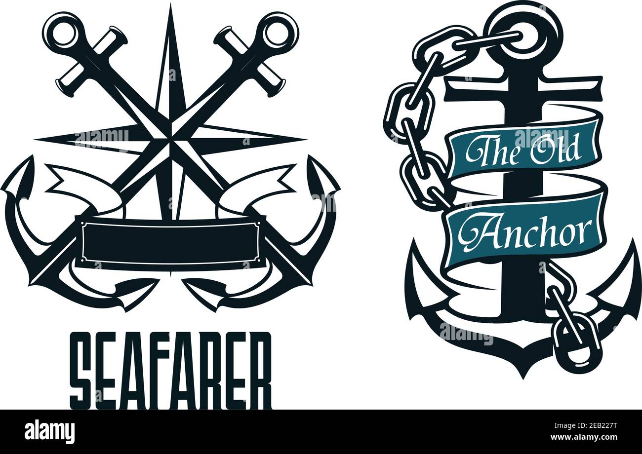 Seafarer marine heraldic emblem and symbol with ship anchors, compass