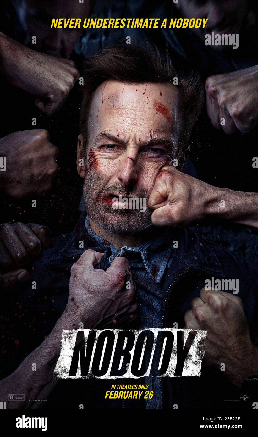 Nobody (2021) directed by Ilya Naishuller and starring Bob Odenkirk, Connie Nielsen and Christopher Lloyd. A bystander who intervenes to help a woman being harassed by a group of men becomes the target of a vengeful drug lord. Stock Photo
