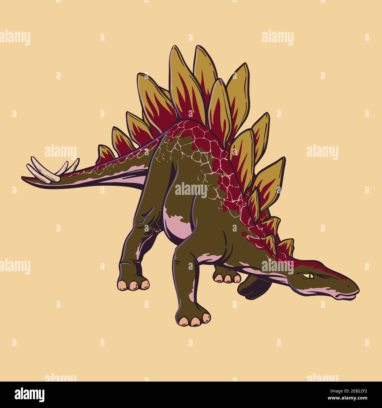 Colored dinosaur Stegosaurus drawn in cartoon style. Attacking predator in pop art style. Vector clipart Stock Vector