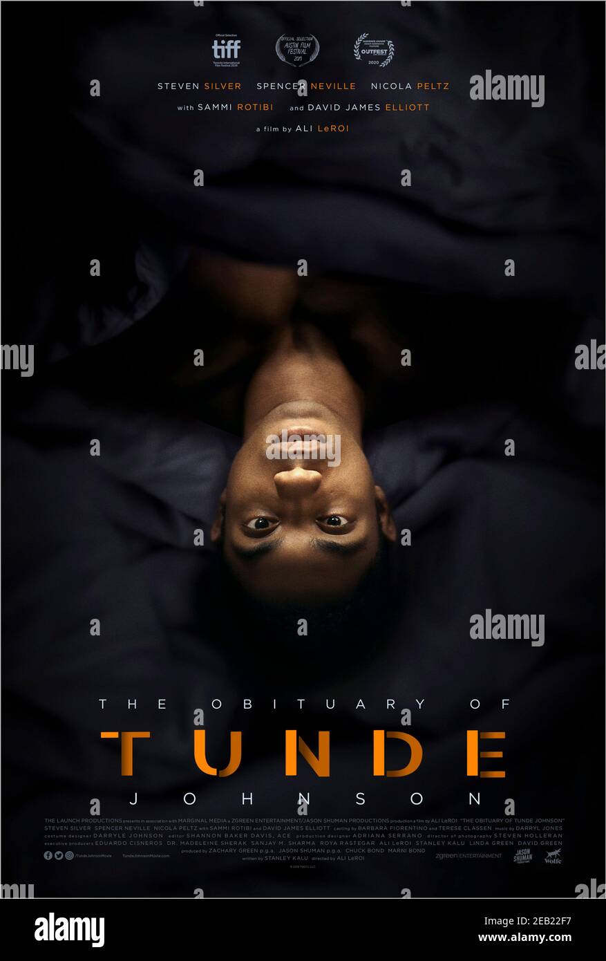 The Obituary of Tunde Johnson (2019) directed by Ali LeRoi and starring Steven Silver, Spencer Neville and Nicola Peltz. A teenager who is shot dead by police is stuck in a time loop destined to relive the same day over and over. Stock Photo