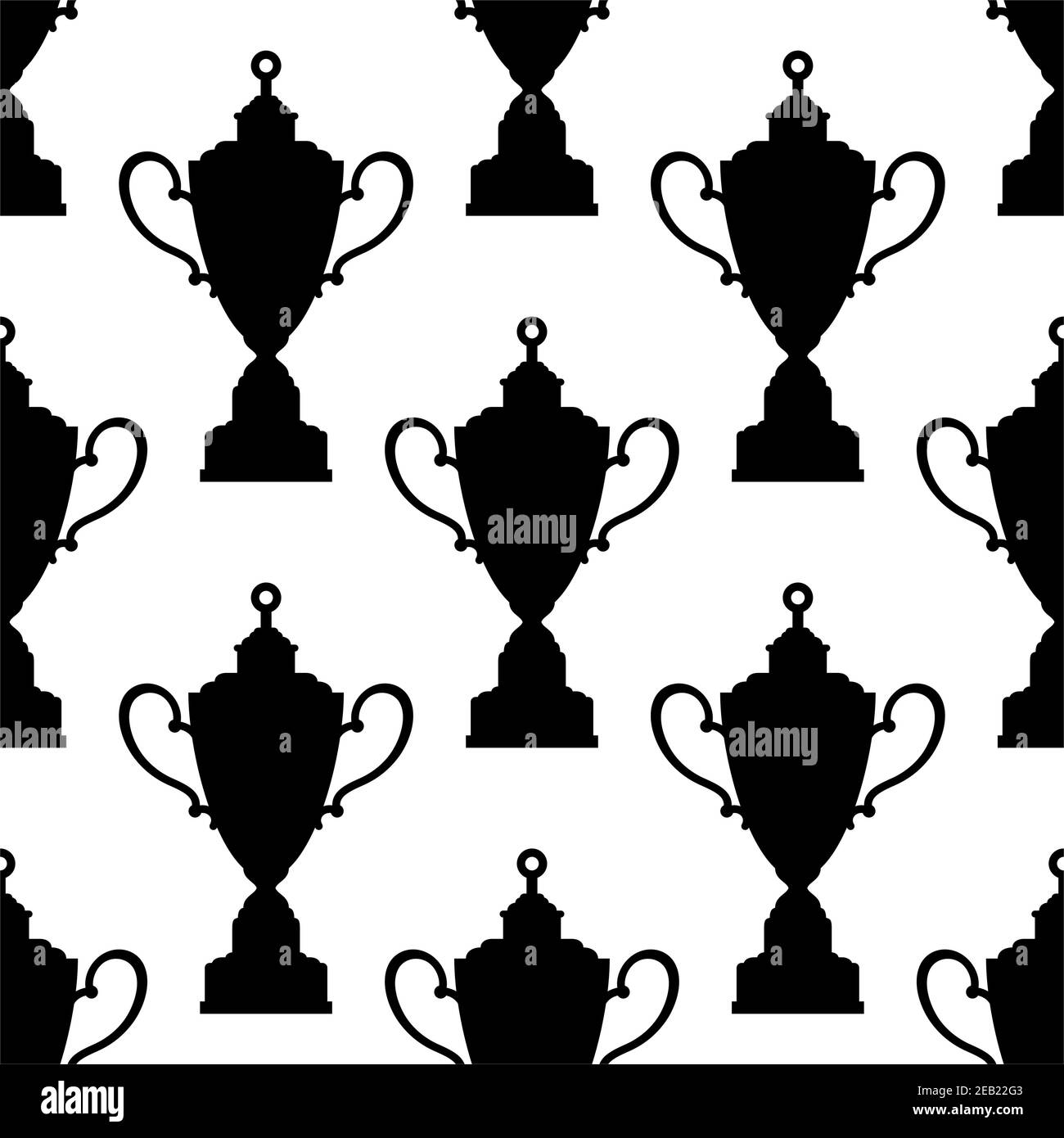 Championship rewards seamless pattern showing black silhouettes of two handle trophy cup with decorated top on white background suited for wrapping pa Stock Vector