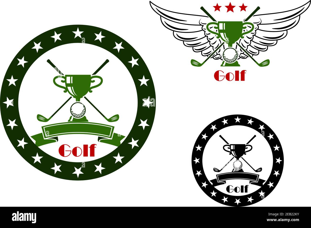 Golf tournament emblems and symbols with trophy cup, wings and crossed golf clubs Stock Vector