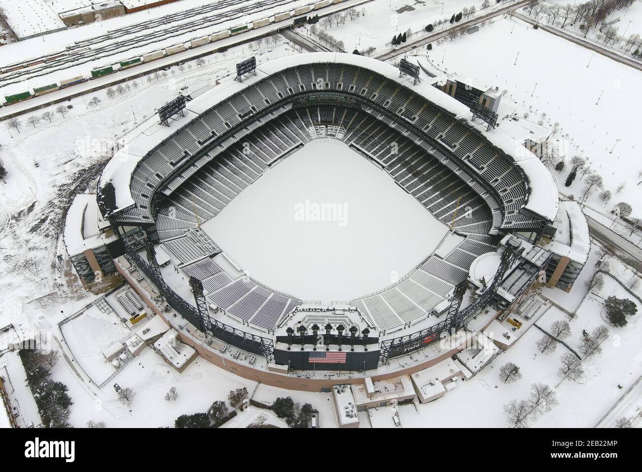 An aerial view of Guaranteed Rate Field, Sunday, Feb. 7, 2021, in