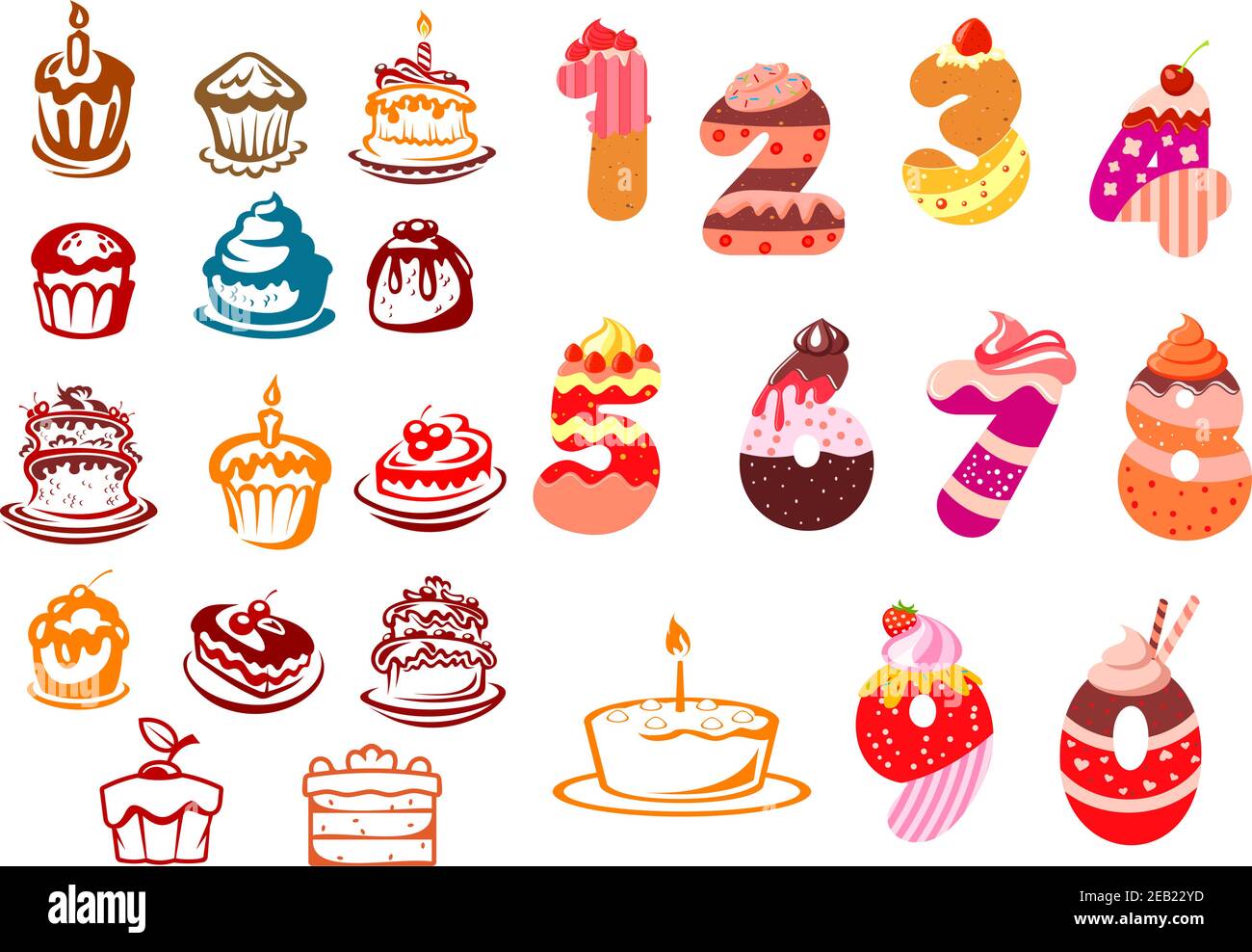 collection of colorful cartoon kids birthday icons with assorted party cakes and decorative numbers 1 9 with party motifs stock vector image art alamy