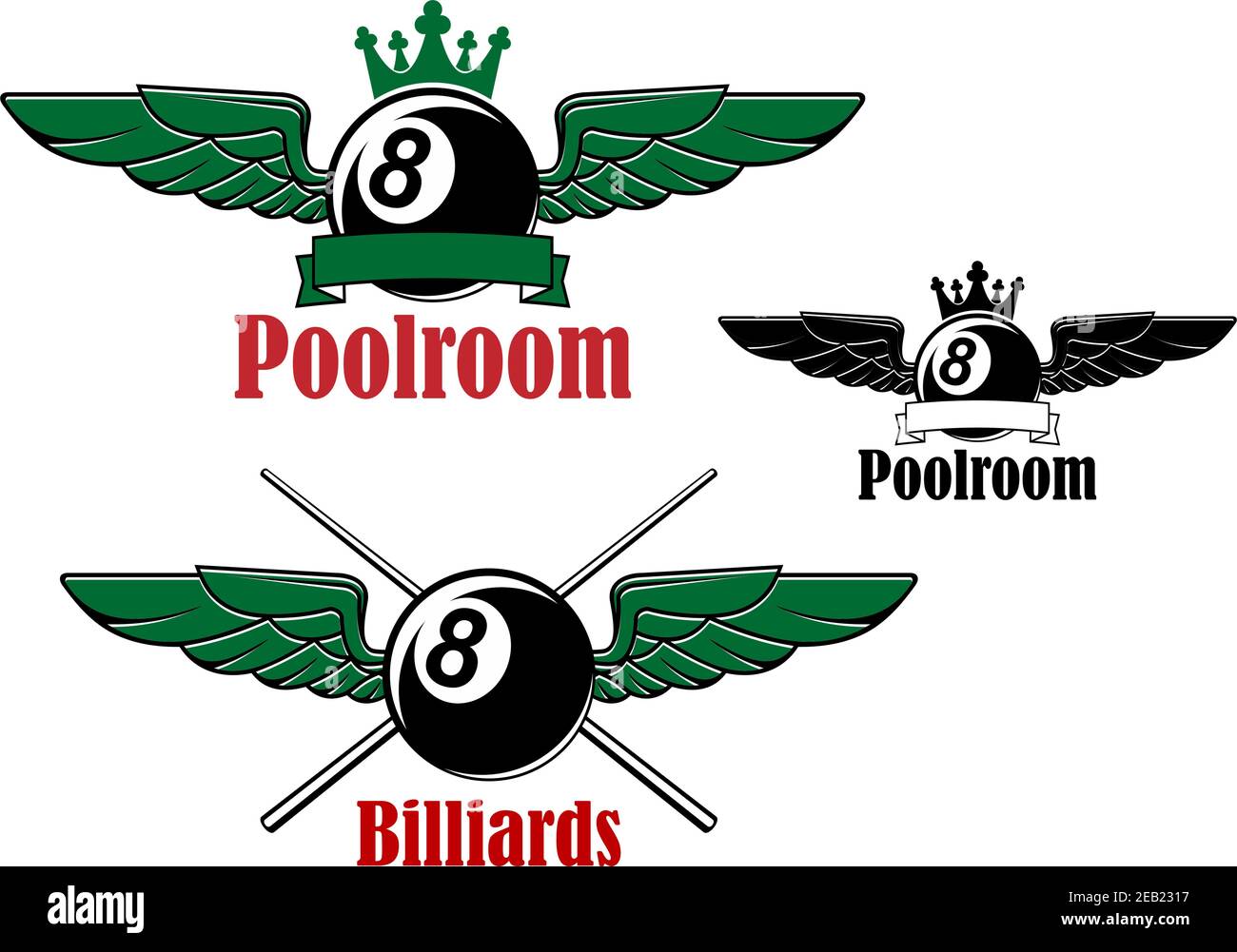 Black 8 ball for pool, snooker or billiards sport game emblem design with ball, crossed cues, crown and wings Stock Vector