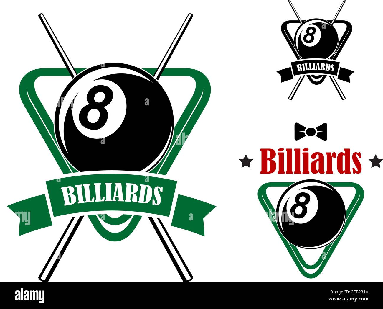 Billiards or pool emblems showing balls in the triangle racks with stars and bow tie and second variant with crossed cues and ribbon banner suitable f Stock Vector