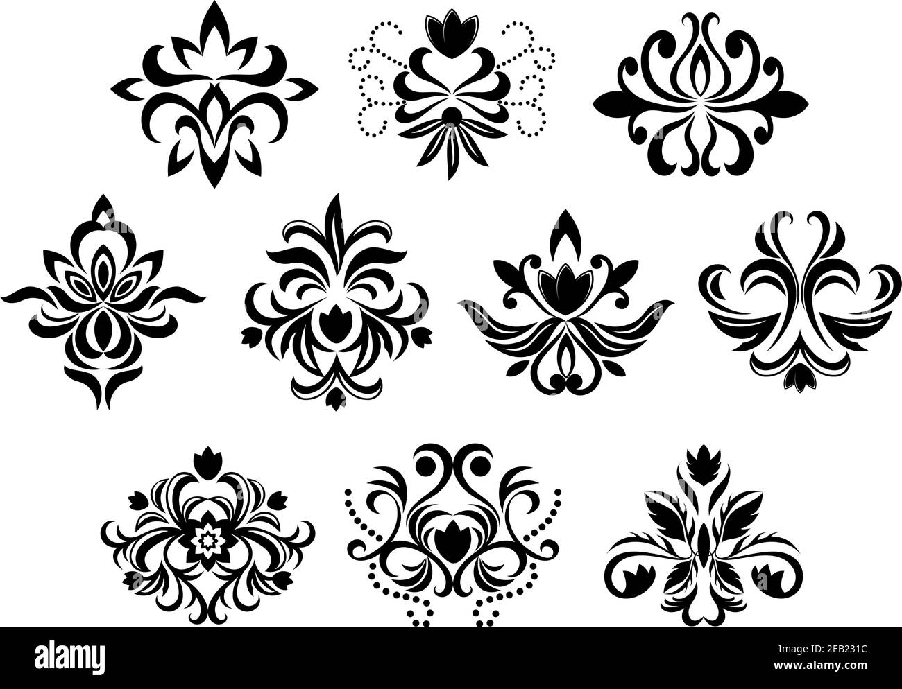 Black damask flower blossoms and patterns set isolated on white ...