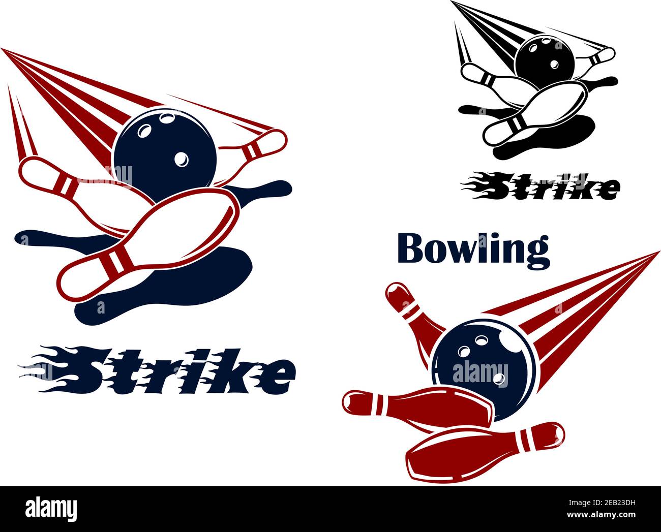 Bowling and Strike logo or emblems design templates showing bowling balls crashing into pins on a lanes in red, blue, black and white colors Stock Vector