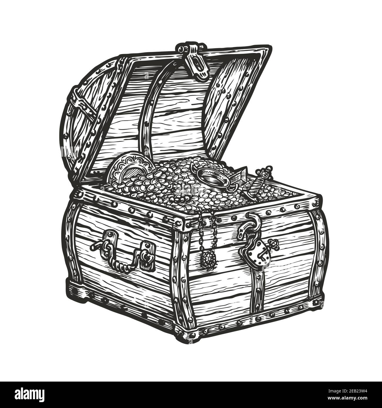 Wooden treasure chest. Wealth vintage sketch vector illustration Stock Vector