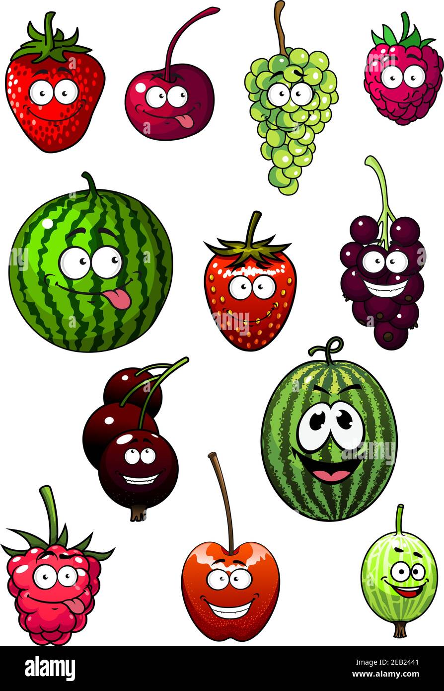 Fresh cartoon berries and fruits with watermelon, grape, strawberry, raspberry, cherry, gooseberry and currant Stock Vector