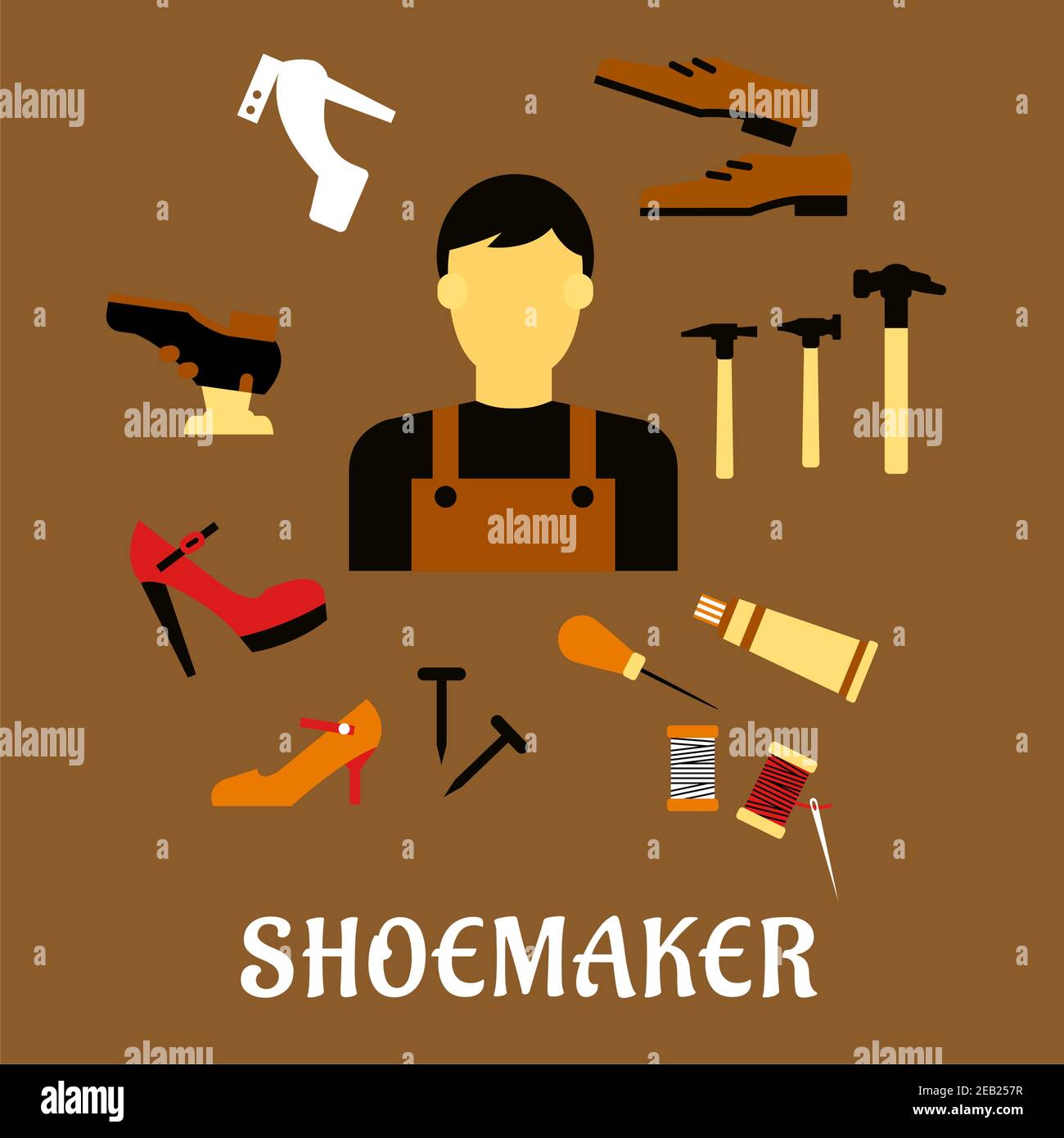 Shoemaker profession flat concept depicting shoemaker with awl, heels