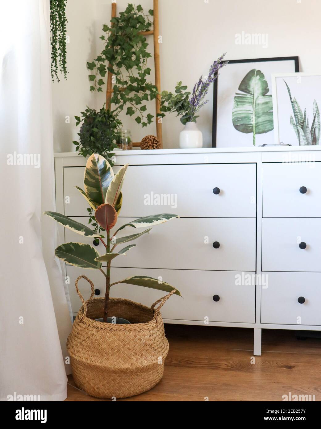 White dressing table, bamboo ladder, wall art, Scandinavian inspired home  interior design, indoor house plants, bedroom decor, soft furnishings,  plant Stock Photo - Alamy