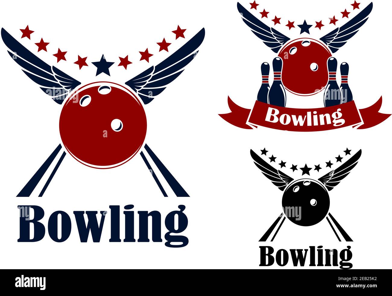 Winged bowling ball and ninepins in red and blue colors with decorative