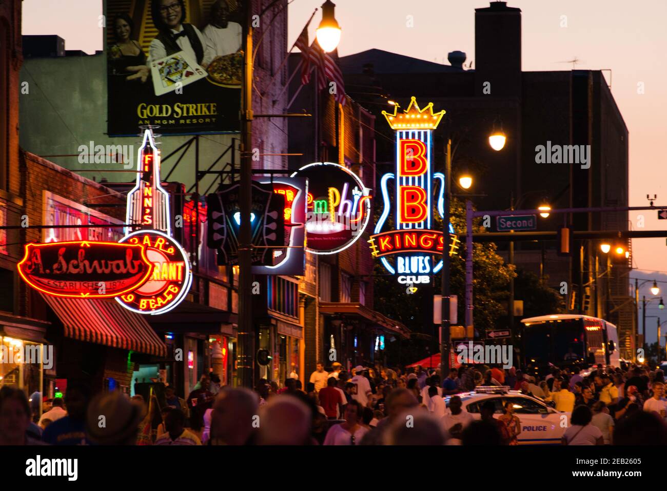 Crowd of people on Beale Street in Memphis, Tennessee looking toward BB King's Blues Club sign Stock Photo