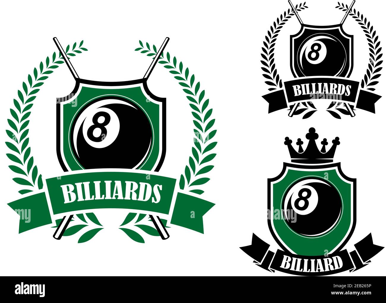 Eight ball billiards or pool emblem with crossed cues, black ball, crown and laurel wreath Stock Vector