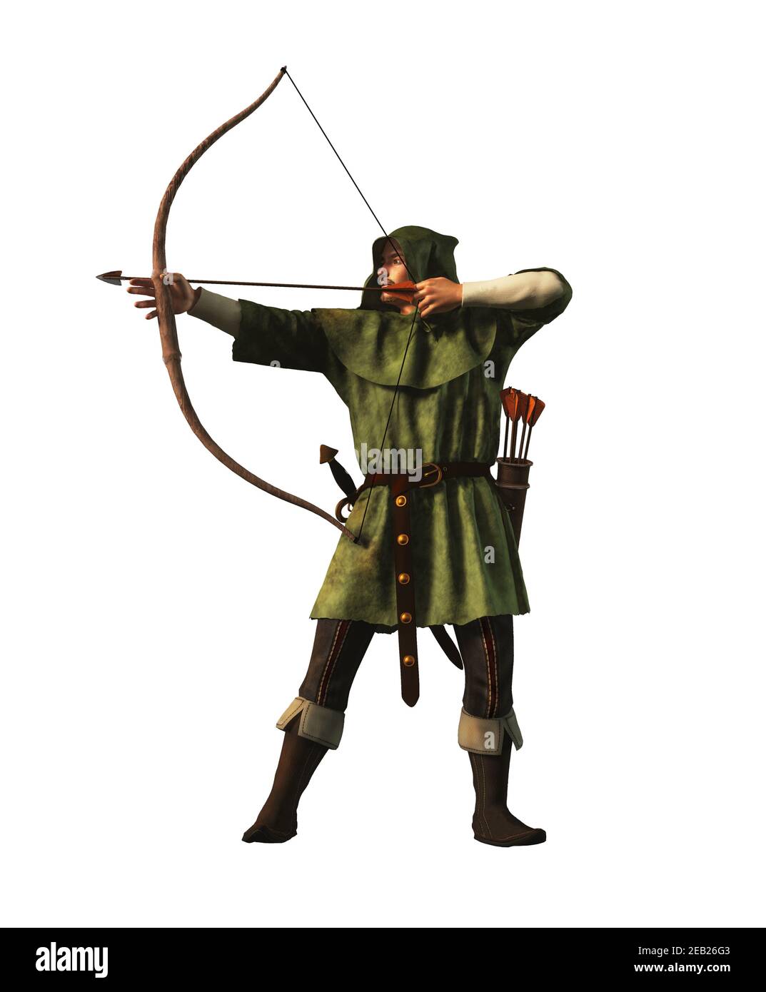 Robin Hood the outlaw archer of medieval England draws back and arrow. The  legendary hero of folklore is clad in green and is armed with sword and bow  Stock Photo - Alamy