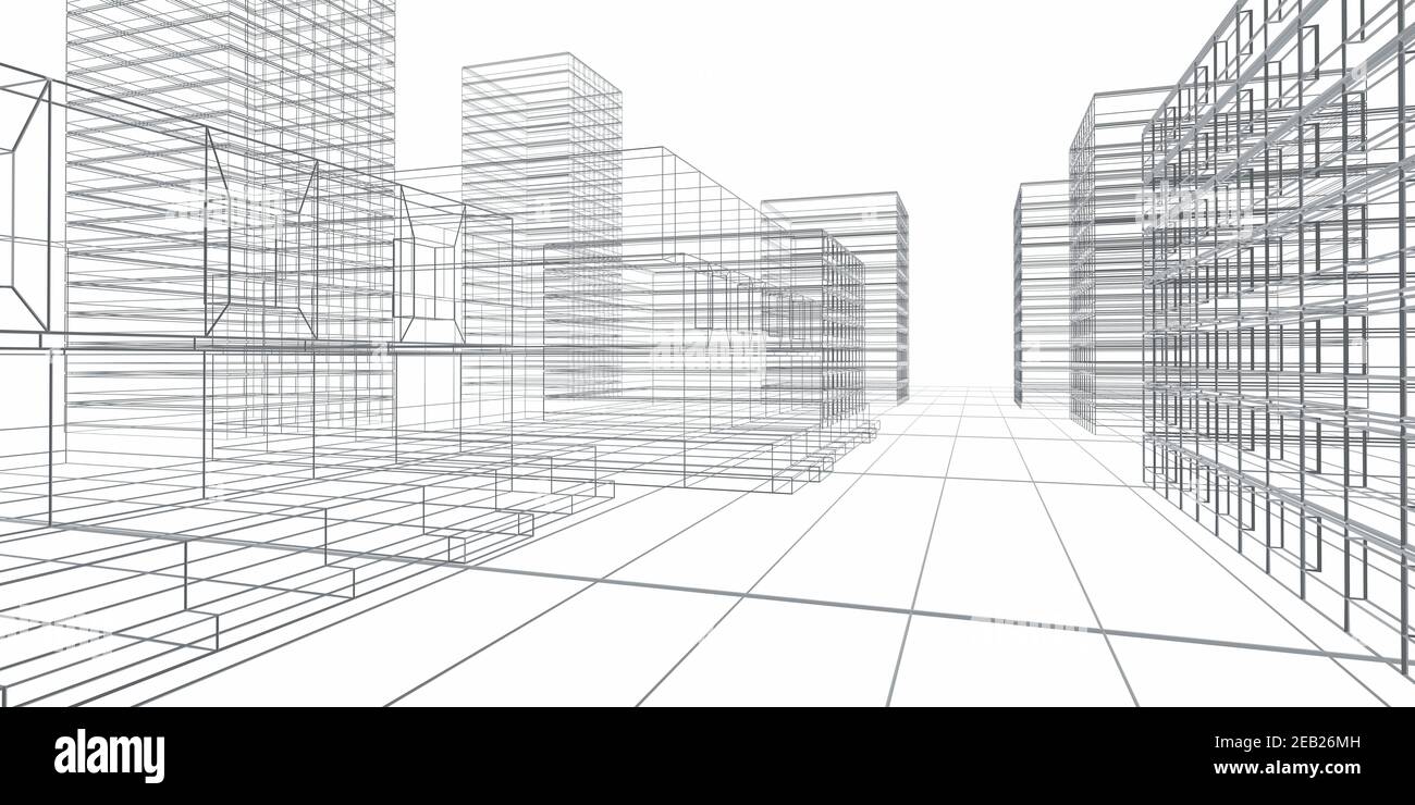 Abstract wireframe architecture wire mesh on white background 3d render
