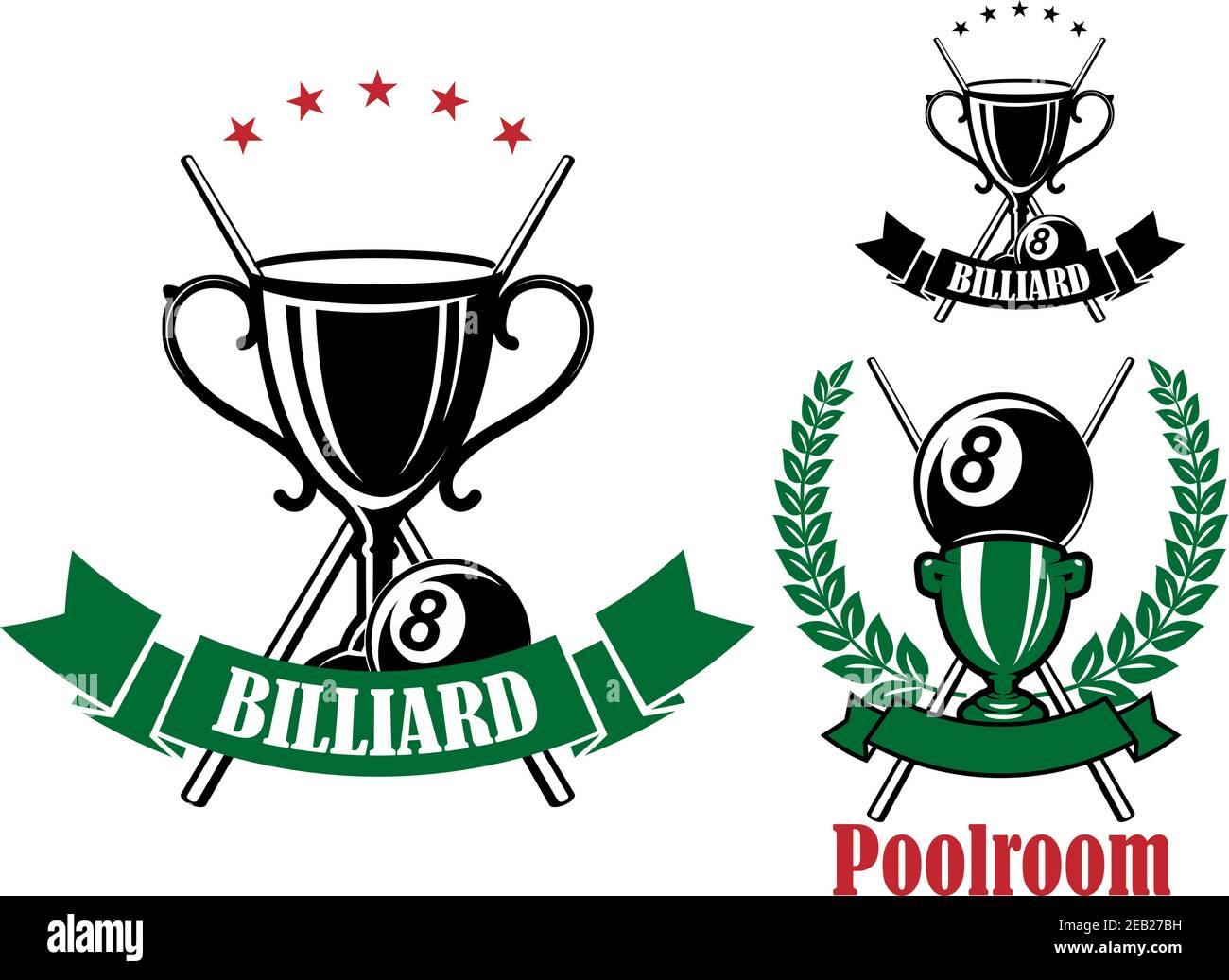 Billiards and pool emblem designs with black and green trophy cups ...