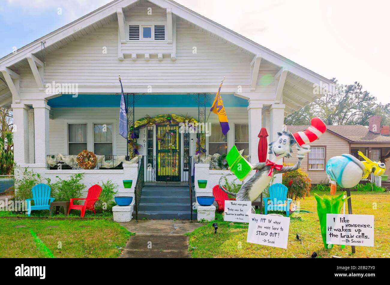A house is decorated with a Dr. Seuss theme for Mardi Gras on Old Shell Road, Feb. 8, 2021, in Mobile, Alabama. Stock Photo