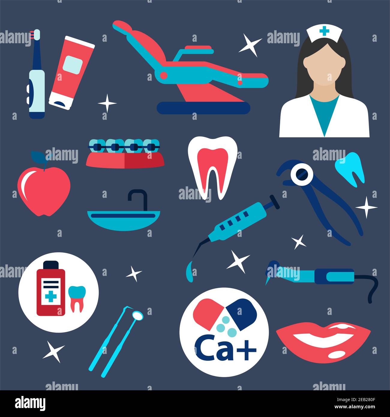 Dentistry flat icons with dentist in uniform, dental instruments, chair ...