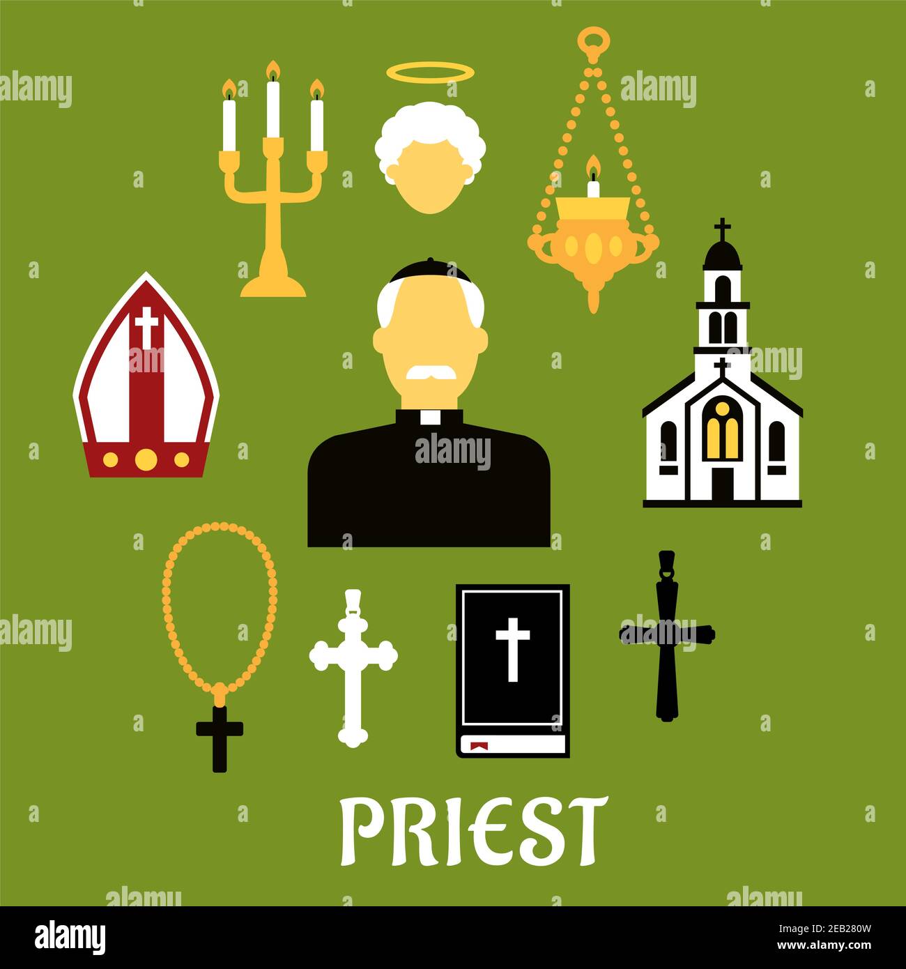 Priest profession flat concept with catholic priest in black robe, clerical collar and zucchetto encircled by church building, crosses, bible, mitre, Stock Vector