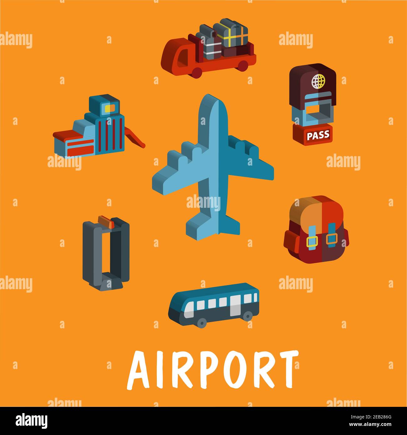 Colored volume airport icons with an airplane, baggage truck, terminal ...