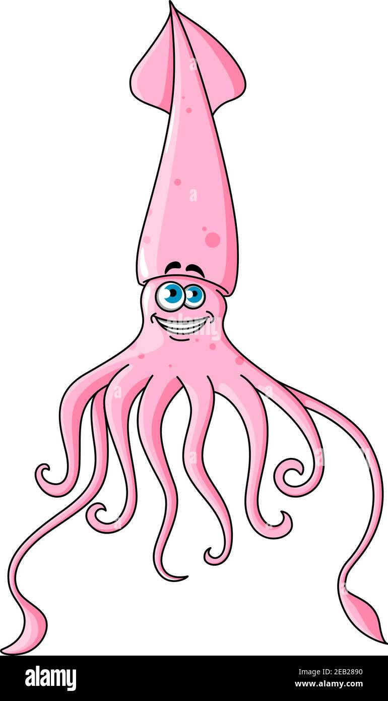 Pink spotted squid cartoon character with funny long head and happy