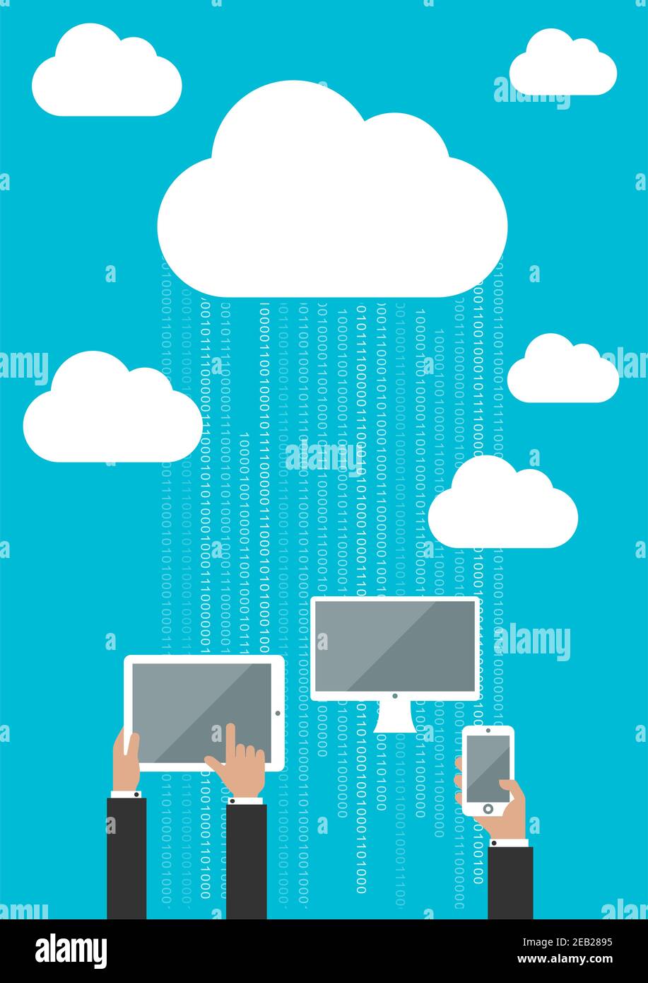 Cloud service concept in flat style with hands using desktop computer, smartphone and tablet pc, connected to the cloud data storage with data streams Stock Vector