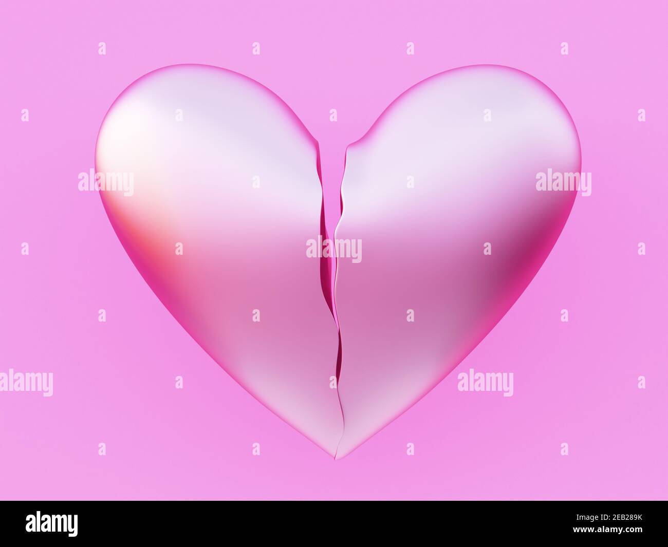 Pink broken heart in two parts. Fall out of Love. Love depression concept. 3d illustration Stock Photo